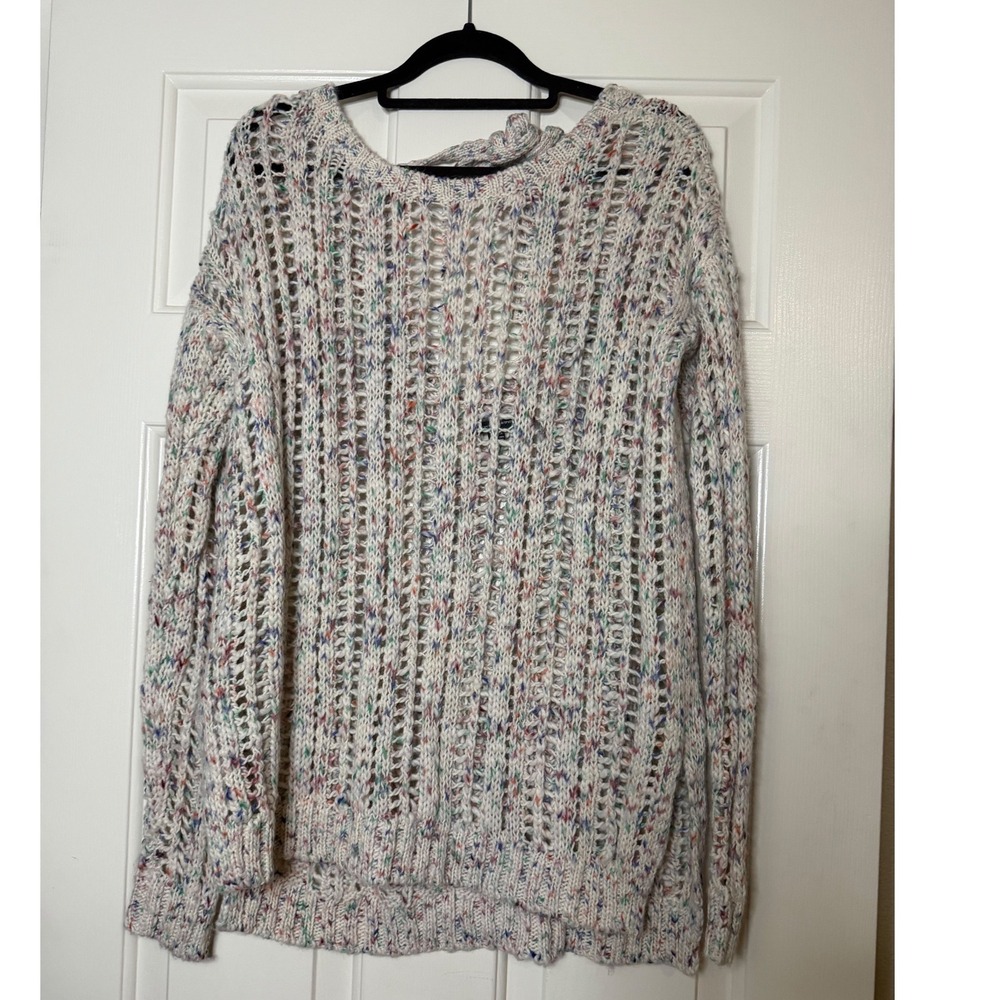 American Eagle Confetti Open Knit Tie Back Sweater Cream Multi Color Small